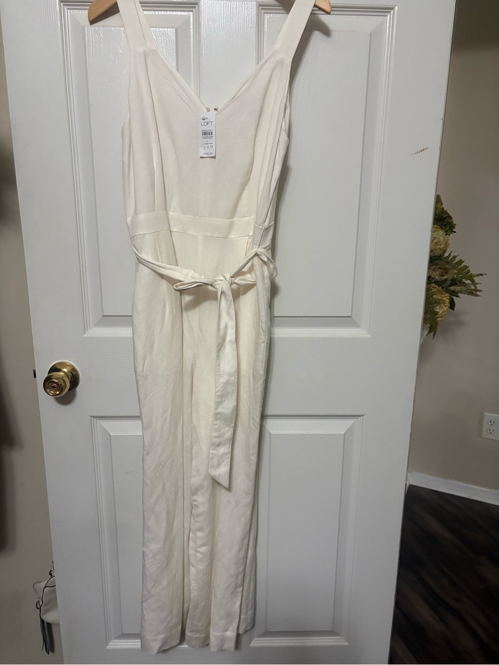 LOFT Off-White Sleeveless Belted Jumpsuit